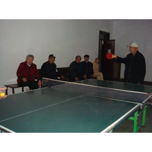 老人在乒乓球室比赛